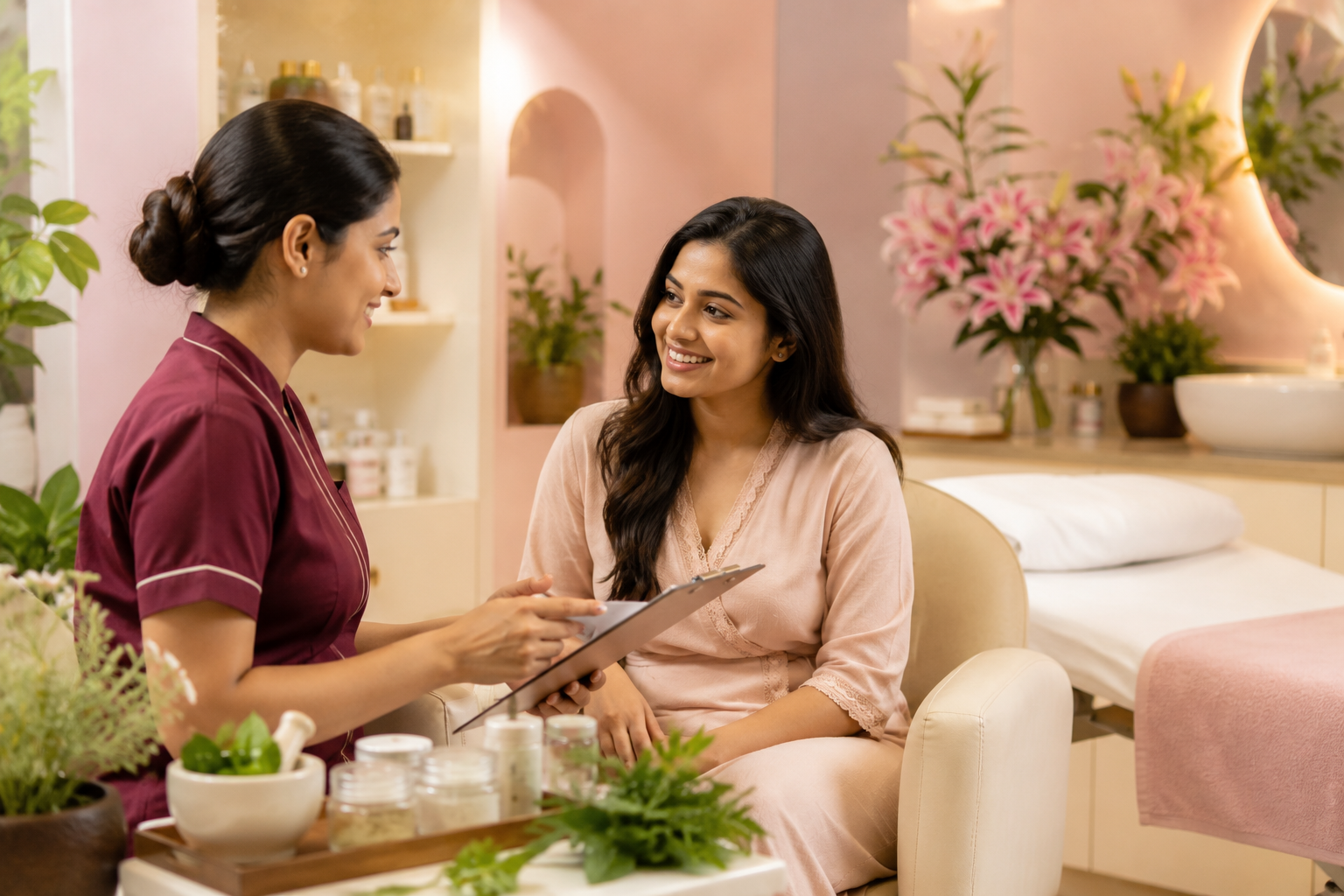 Beautician consulting a client at Manali Herbal Beauty Parlour