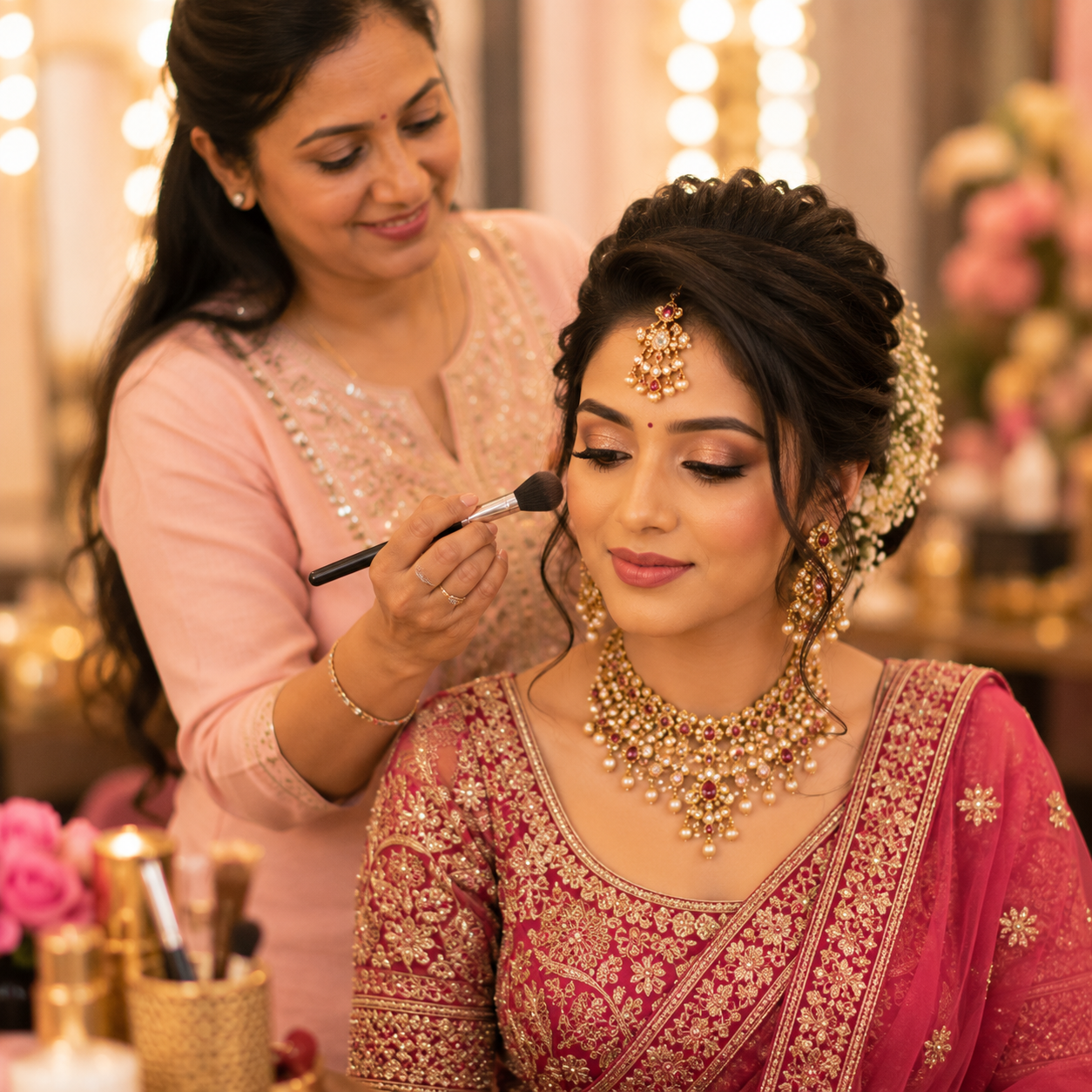 Bridal makeup artist styling a bride at Manali Herbal Beauty Parlour