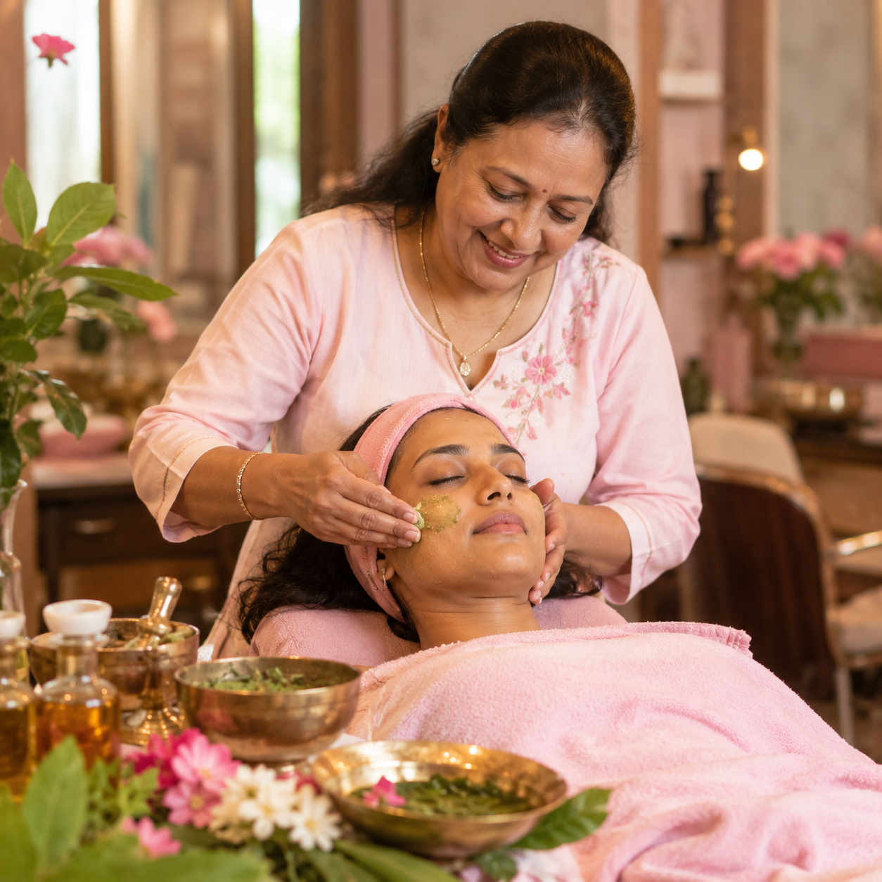 Beautician applying a herbal facial treatment at Manali Herbal Beauty Parlour